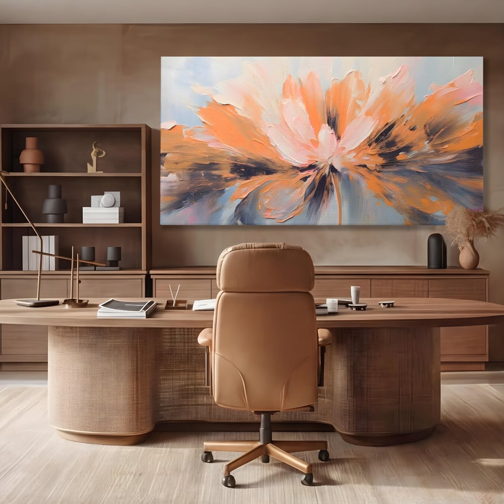 Tablou canvas cu tablou canvas cu floare abstracta, fara rama, pe sasiu de lemn, pe perete intr-un birou